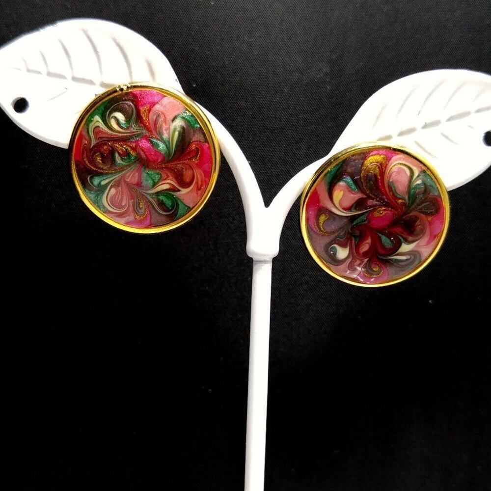 Vintage 1970s Enamel Swirl Earrings Round Multicolor Gold Tone Posts